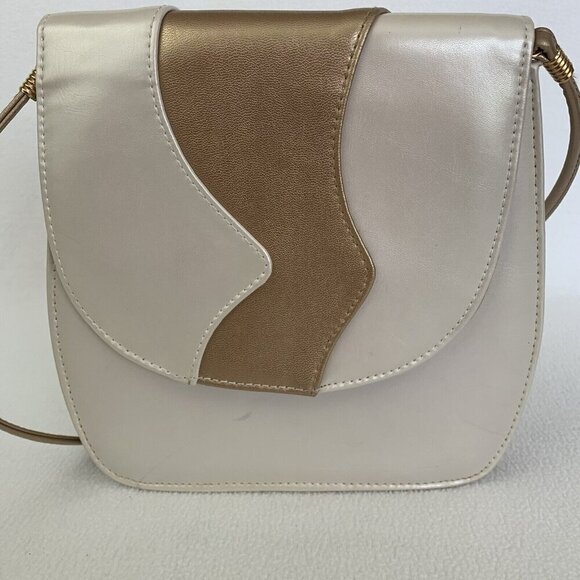 Retro Shoulder Bag Purse Clutch Small Colorblock White Gold Wave Patent Leather - Picture 3 of 16